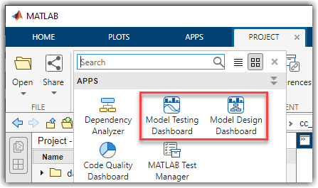 Model Testing Dashboard and Model Design Dashboard buttons in Project Tools gallery