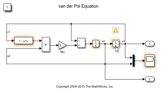 Blocks with violations are highlighted on the Simulink canvas