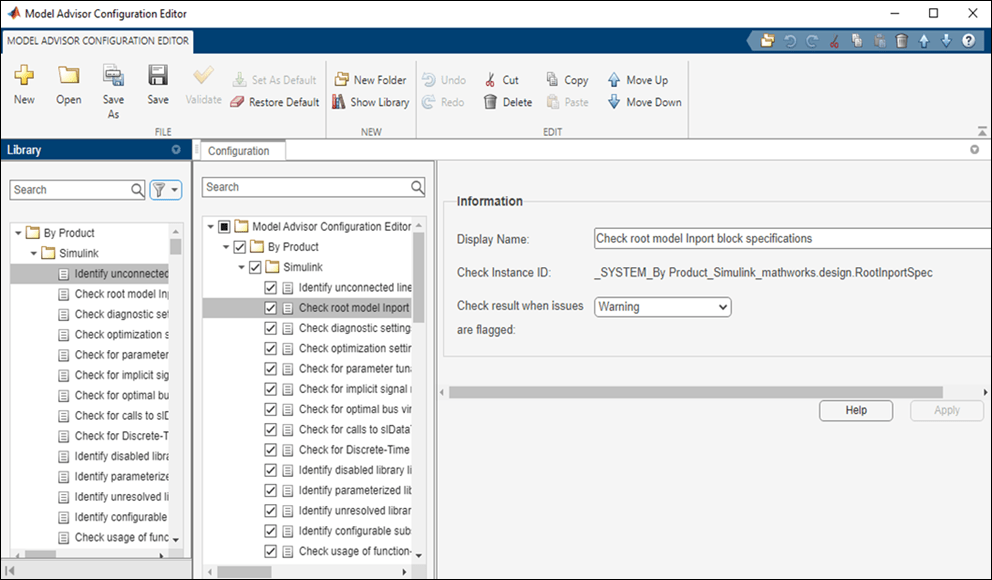 Model Advisor Configuration Editor showing the Library pane, Configuration pane, and Information tab