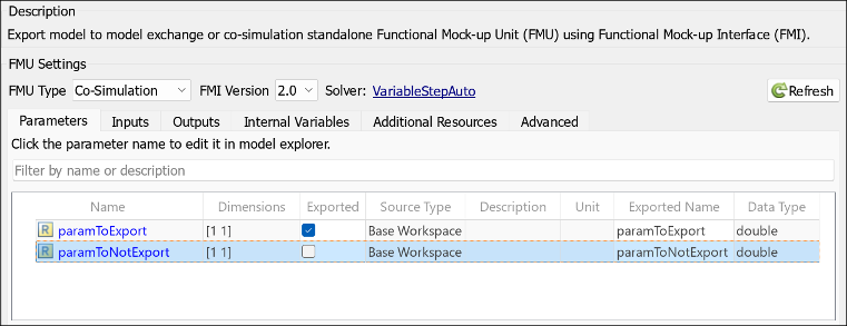 FMU export dialog box with parameter unchecked for export