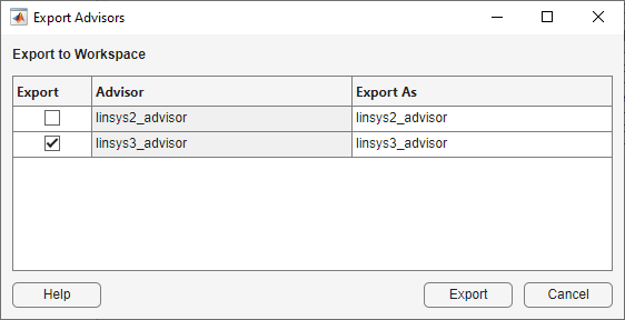 Export Advisors dialog box with a table showing two advisor objects. The second advisor is selected in the Export column on the left.
