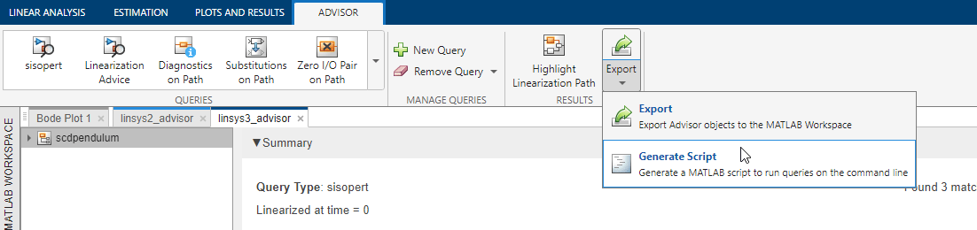 On the fare-right side of the Advisor tab, the Export split button is selected and the cursor is over the second list item, Generate Script.