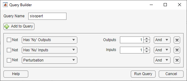 Query Builder dialog box showing the configured sisopert query, which contains three criteria.