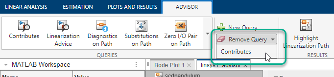 Advisor tab with the Remove Query drop-down list open and the cursor over the Contributes query.