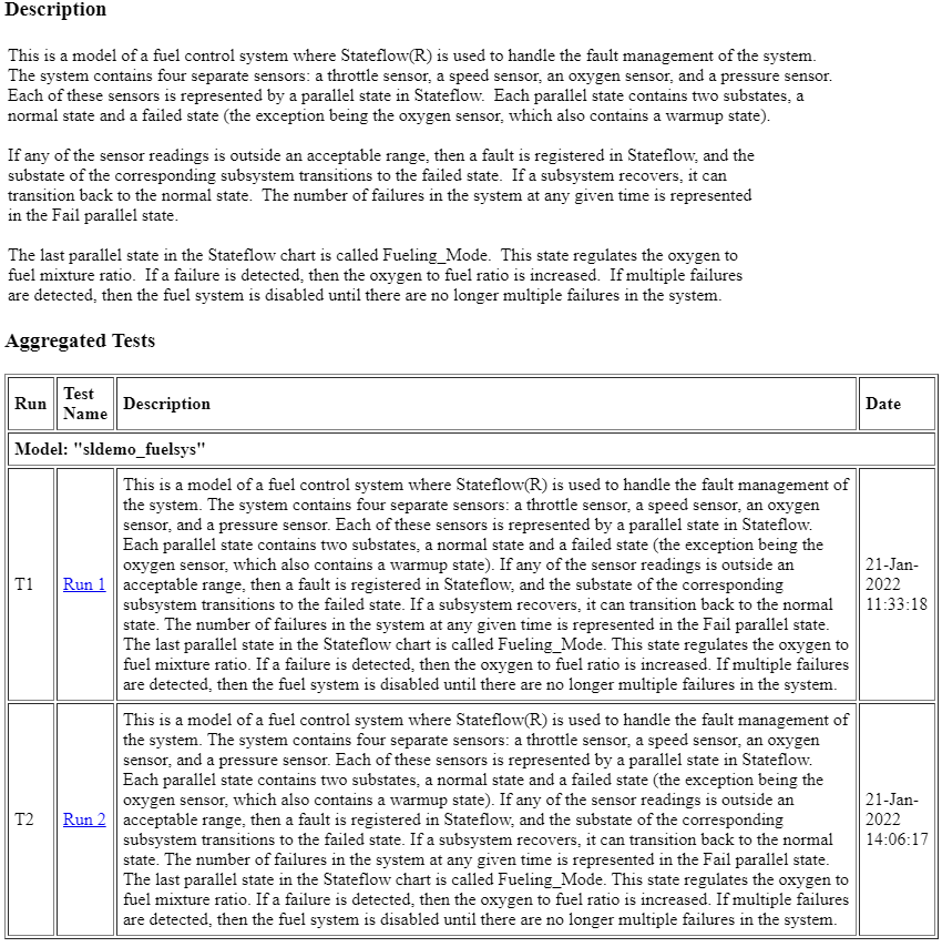 Aggregated Tests: Run U1.1 executes test "Switch2 Unit Test - In Range." Run U1.2 executes test "Switch2 Unit Test - Out of Range." Run T1 executes test "Switches Integration Test - In Range." Run T2 executes test "Switches Integration Test - Out of Range."