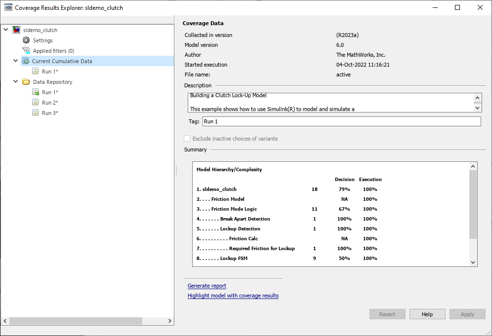 Default view of the Results Explorer. The system name is on the left, with sub-fields for settings, applied filters, current cumulative data, and data repository. The overview of the current run is on the right, including the model version, author, execution start time and date, coverage data file name, short description, and coverage summary.