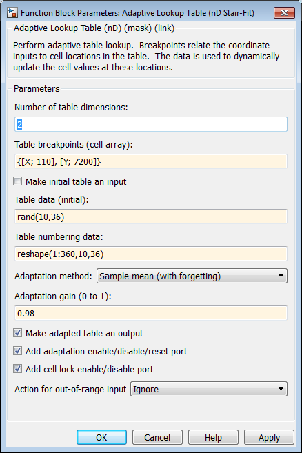 Function Block Parameters: Adaptive Lookup Table (nD Stair-Fit) dialog box with configured parameters