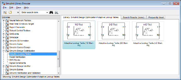 Adaptive Lookup Tables selected in the Libraries section of the Simulink Library Browser dialog box