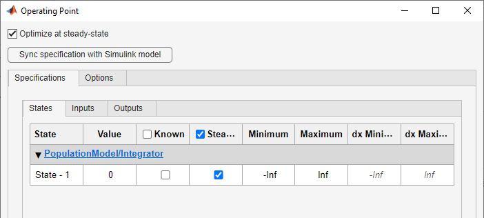 Operating Point dialog box with Optimize at steady-state checked. The Integrator state is specified under the States tab which is under the Specifications tab.