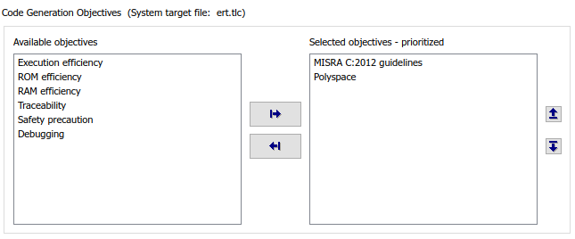 Code Generation Objectives dialog box