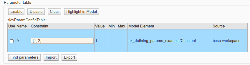 Parameter table with selected parameters.