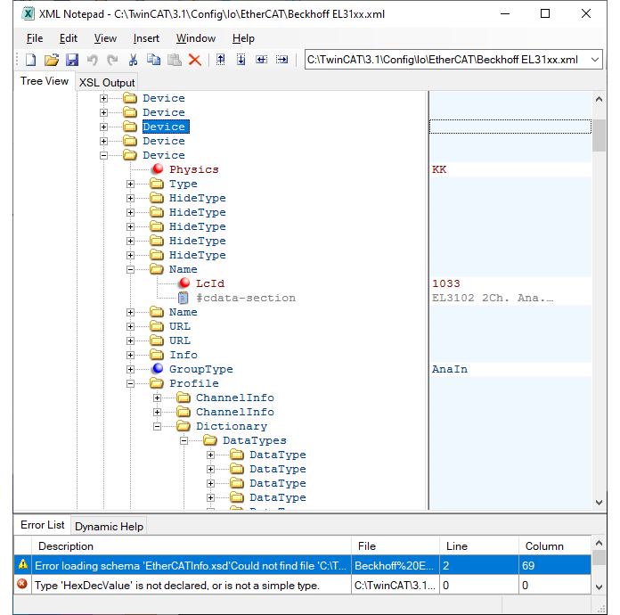 Use XML Notepad to access data for the EL3102.