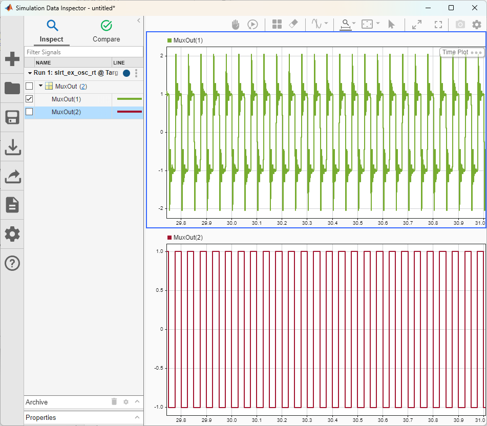 During the simulation run, the Simulation Data Inspector displays streaming signal data.