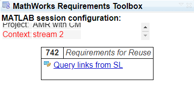 The MathWorks Requirements Toolbox widget in IBM DOORS Next shows the configuration context with red text to indicate that there is a mismatch.