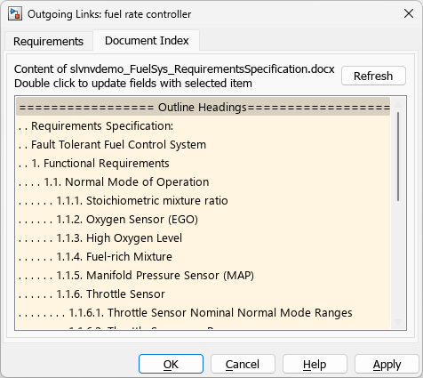 The Document Index tab of the Outgoing Links Editor shows the hierarchy of linkable requirements in a selected Word document.