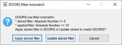 The DOORS filter mismatch dialog shows that there is a discrepancy between the stored filter and the applied filter and allows the user to choose to apply the stored filter or update the stored filter, or cancel.