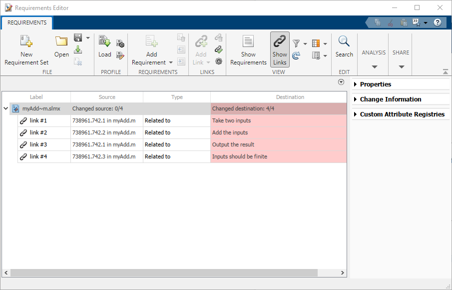 The Requirements Editor shows highlighted links which indicates change issues.