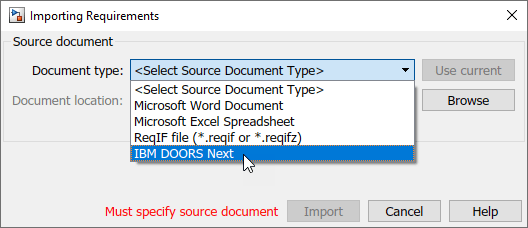 The Importing Requirements dialog is shown. IBM DOORS Next is selected from the Document type drop-down menu.