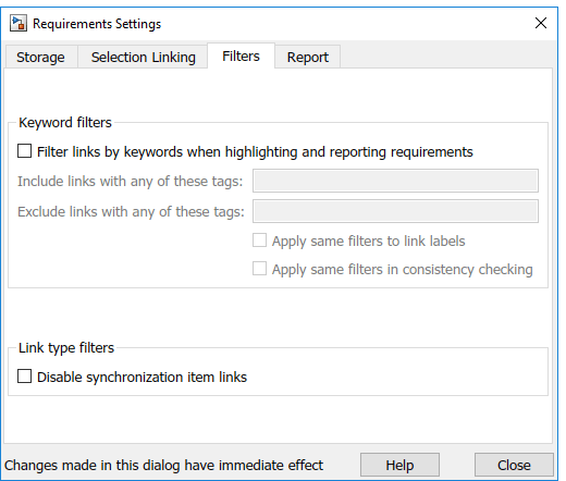 Filters tab of the Requirements Settings dialog box