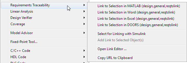 Context menu with Requirements Traceability options