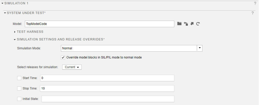 System under test with specified simulation mode