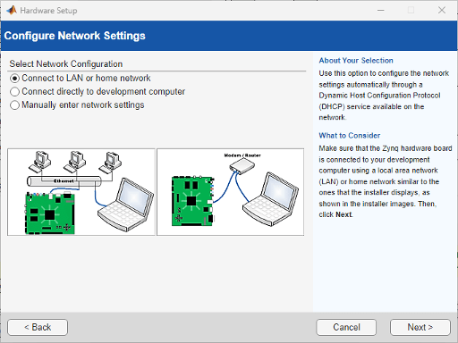Network configuration step on host computer. Option to connect to LAN or home network.