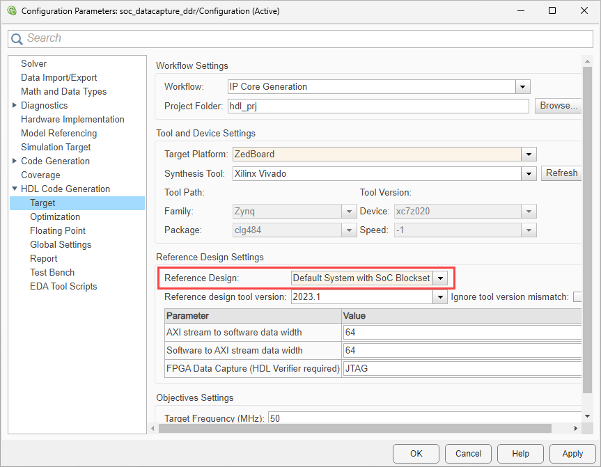 Configuration Parameters dialog box open on the HDL Code Generation > Target tab, with the Reference Design parameter highlighted in the right pane.