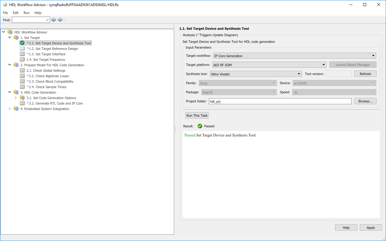 HDL workflow advisor window with set target device and synthesis tool selected