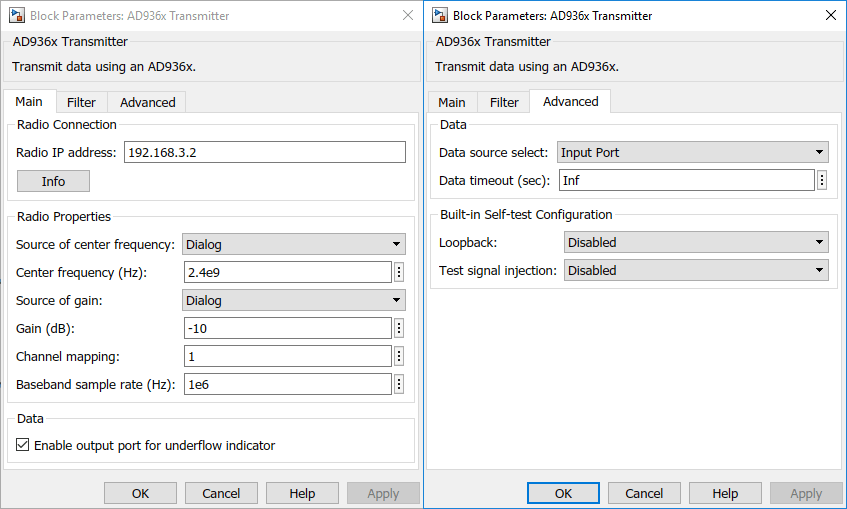 Block parameters: AD936x transmitter window with main tab selected on the left and advanced tab selected on the right. The radio properties are on the main tab and data timeout is on the advanced tab.