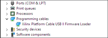 Device Manager shows Xilinx Platform Cable USB II Firmware Loader under Programming cables.