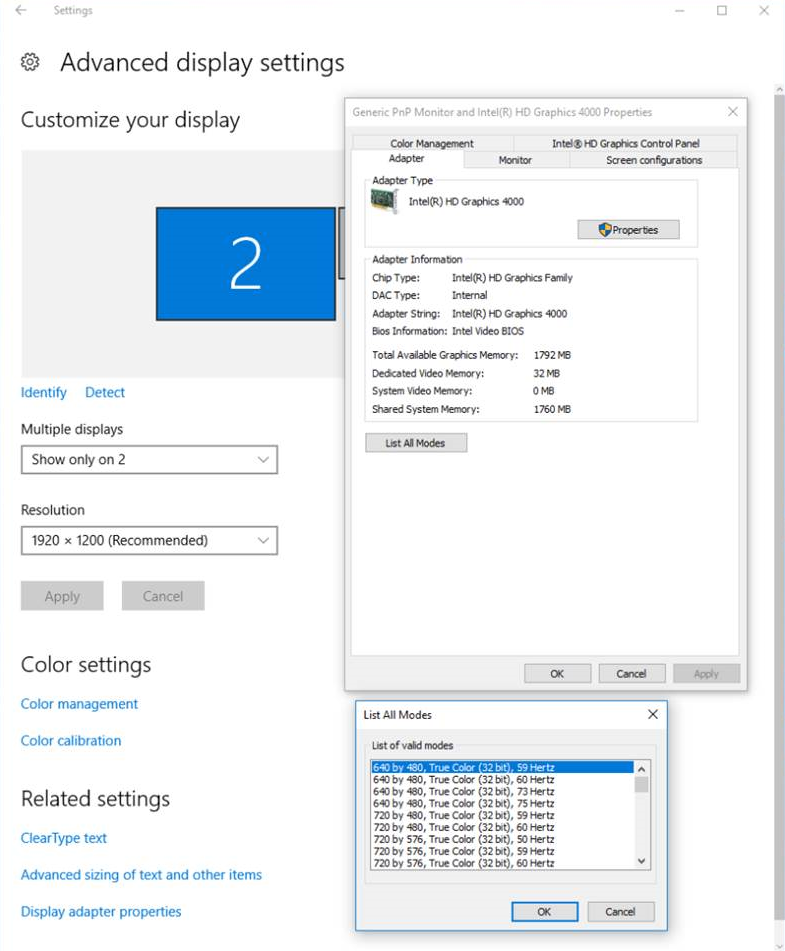 Advanced display settings dialog box