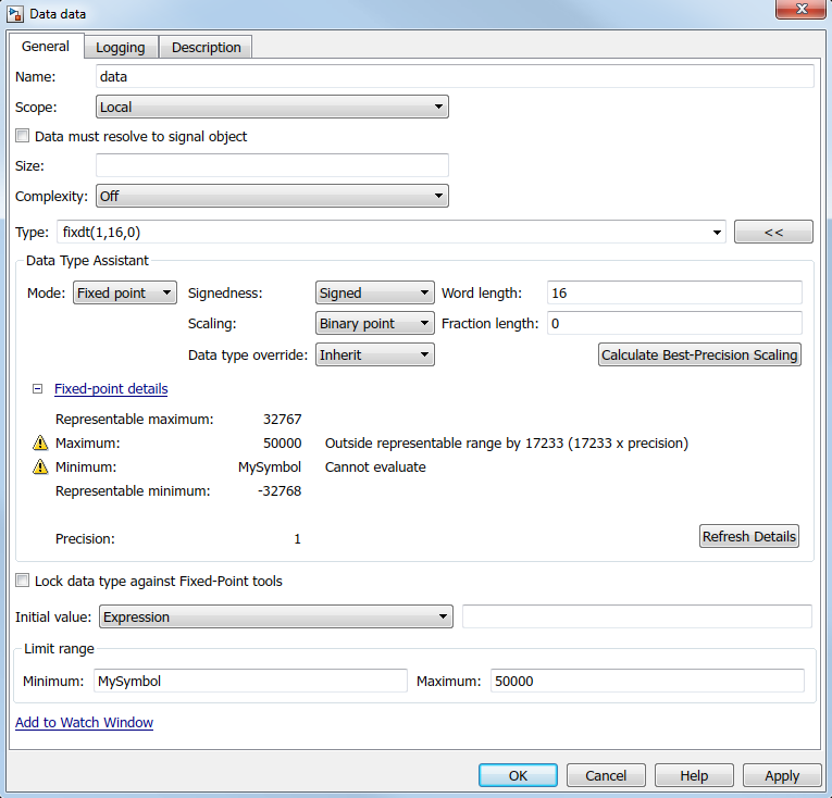 Fixed-point details subpane showing two specification errors because the data object has invalid maximum and minimum values.