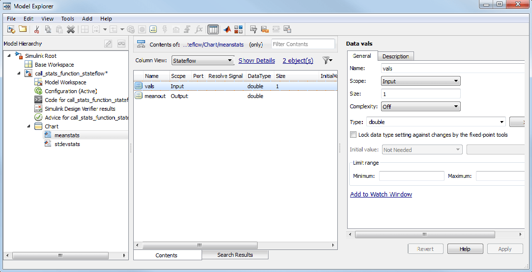 Model Explorer showing the input an output variables for MATLAB function meanstats.