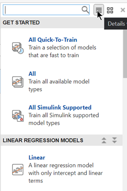 Details view of the regression models in the Models gallery