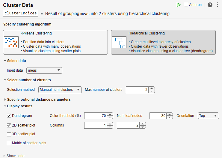 Cluster Data task showing the selected parameters