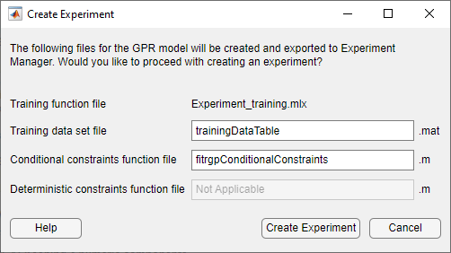 Create Experiment dialog box in Regression Learner