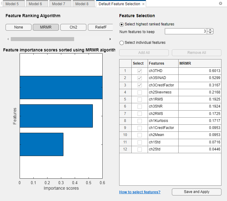 Default Feature Selection tab with MRMR selected as the feature ranking algorithm