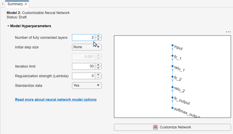 Summary tab of fully connected customizable neural network