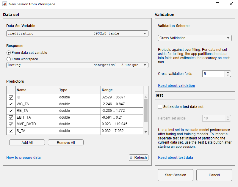 New Session from Workspace dialog box