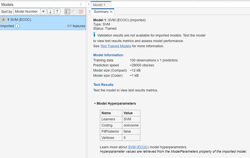 Summary tab of imported trained model showing model hyperparameters