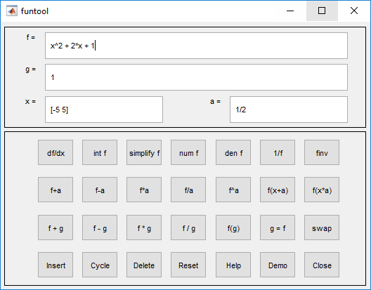 Control panel of the funtool app with the f field is x^2 + 2*x + 1 and the x field is [-5 5]