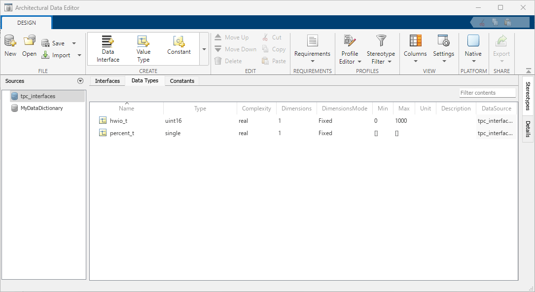 Interfaces tab of the Architectural Data Editor.