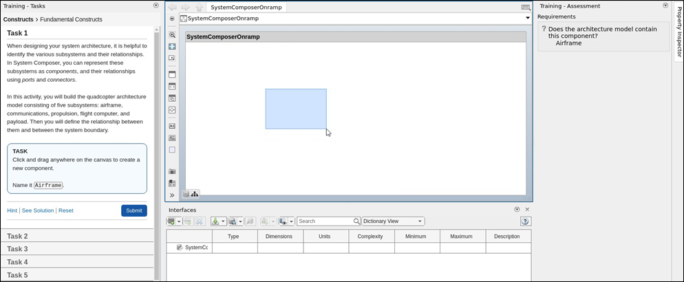 The System Composer Onramp interface shows a description of the task, an interactive model, and an assessment of whether the model matches the requirements set by the training.