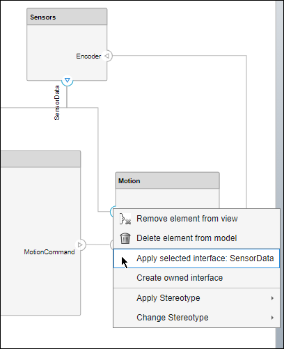 If an interface is selected in the Interface Editor, right-click on a port and select 'Apply selected interface'.