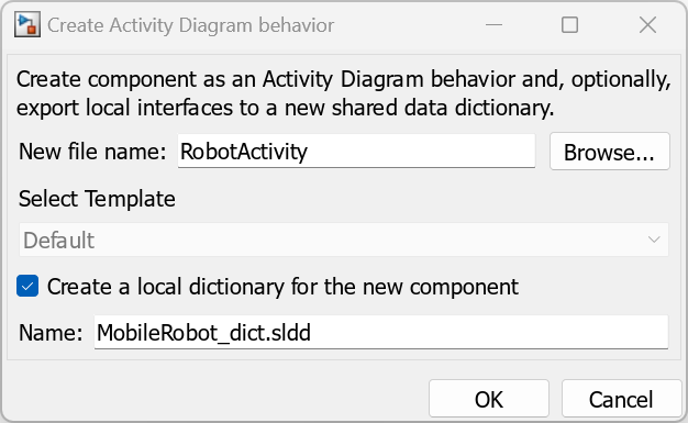 Dialog box to create activity diagram behavior