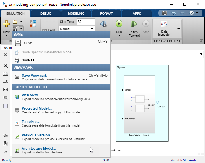 Menu option under down arrow for the save icon, specifies export model to architecture model.