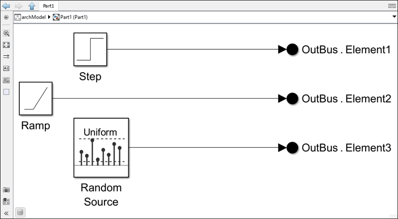 Three sources with Out Bus Element blocks for OutBus.