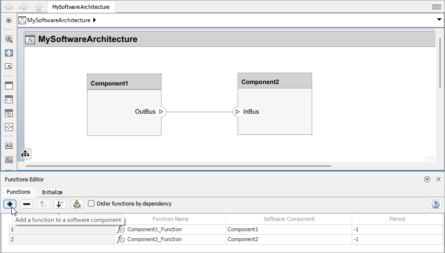 The Add a function to a software component button is highlighted in the Functions Editor. A function named Component1_Function displays for Component1. A function named Component2_Function displays for Component2.