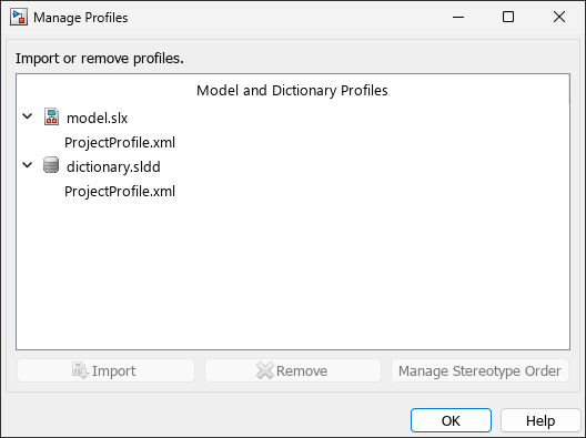 Manage Profiles tool with profile linked to a model and a dictionary with options to import, remove, and manage stereotype order.