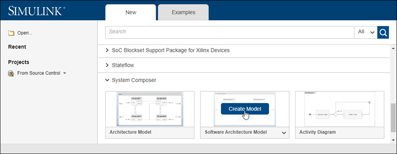 Software architecture template in Simulink start page